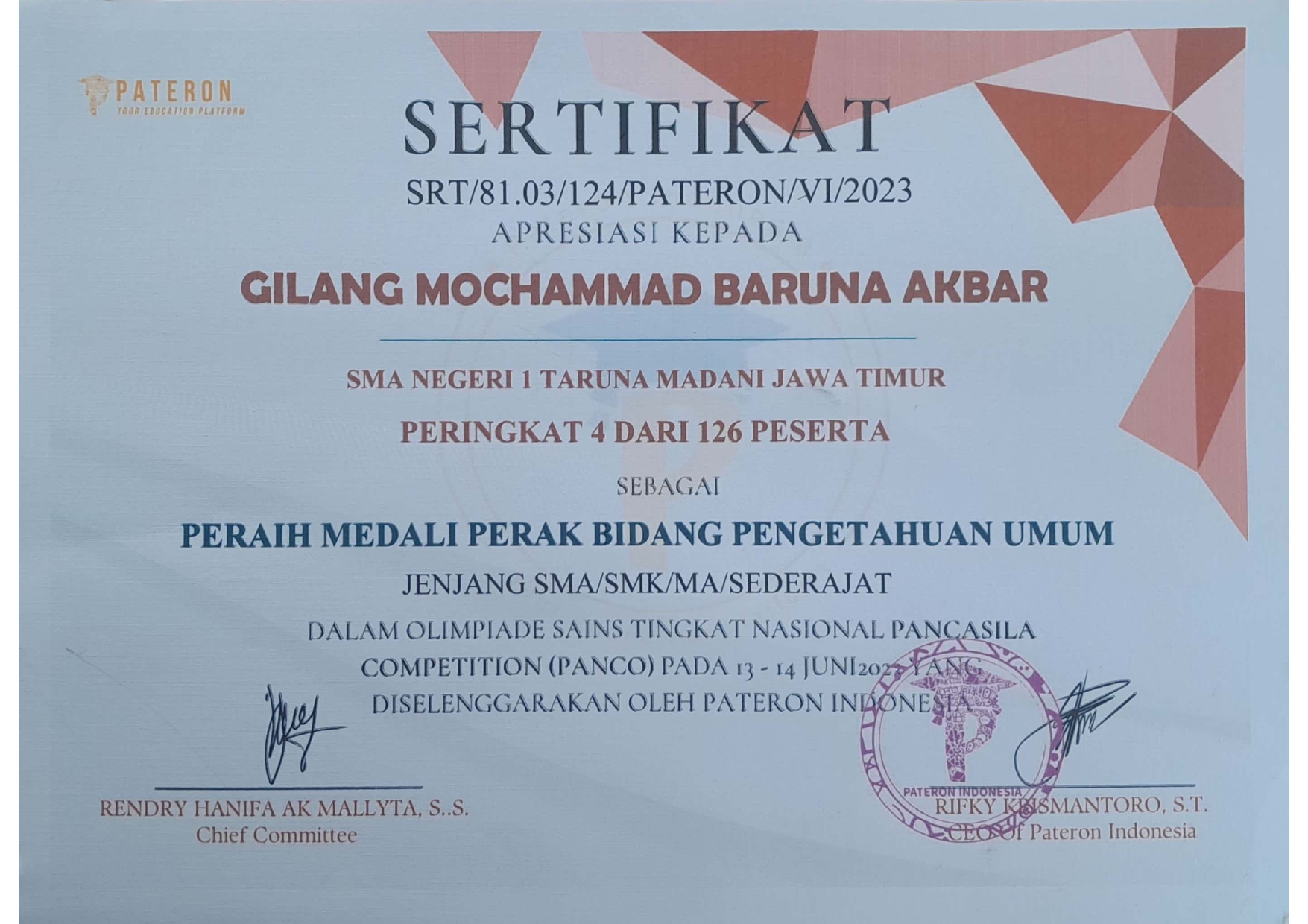 Peringkat 4 bidang Pengetahuan Umum dalam Olimpiade Sains Tingkat Nasional Pancasila Competition