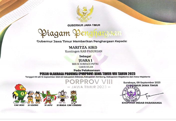 Juara 1 (Pekan Olahraga Provinsi (Porprov) Jatim VIII tahun 2003 Cabor Selam Nomor 800 M Surface Putri