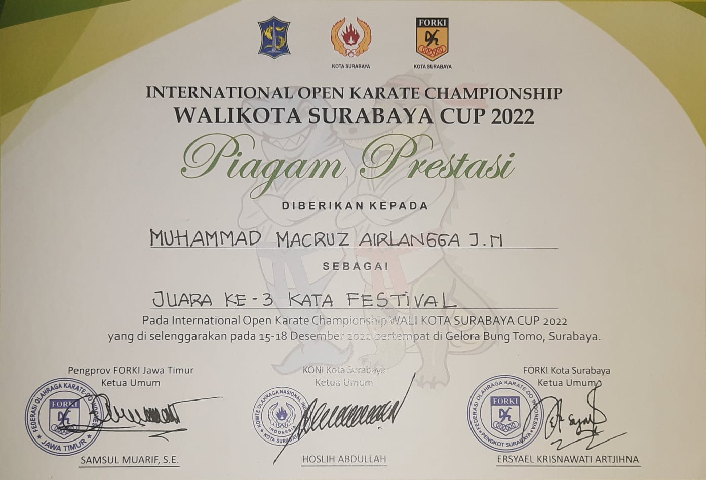 Juara 3 Kata Festival - International Open Karate Championship Walikota Surabaya