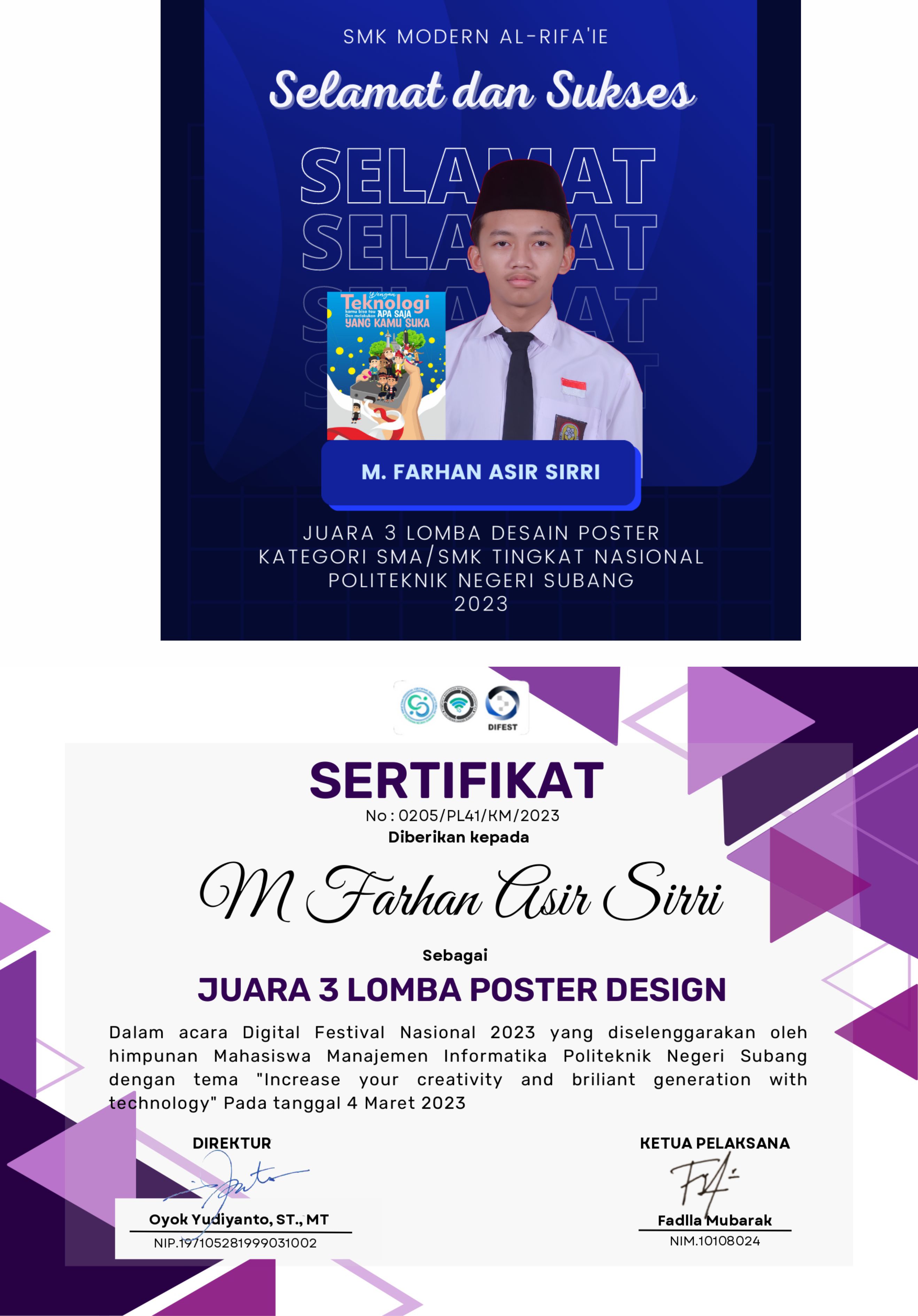 Juara 3 Lomba Desain Poster Digital Festival 2023 Tingkat Nasional Politeknik Negeri Subang 2023