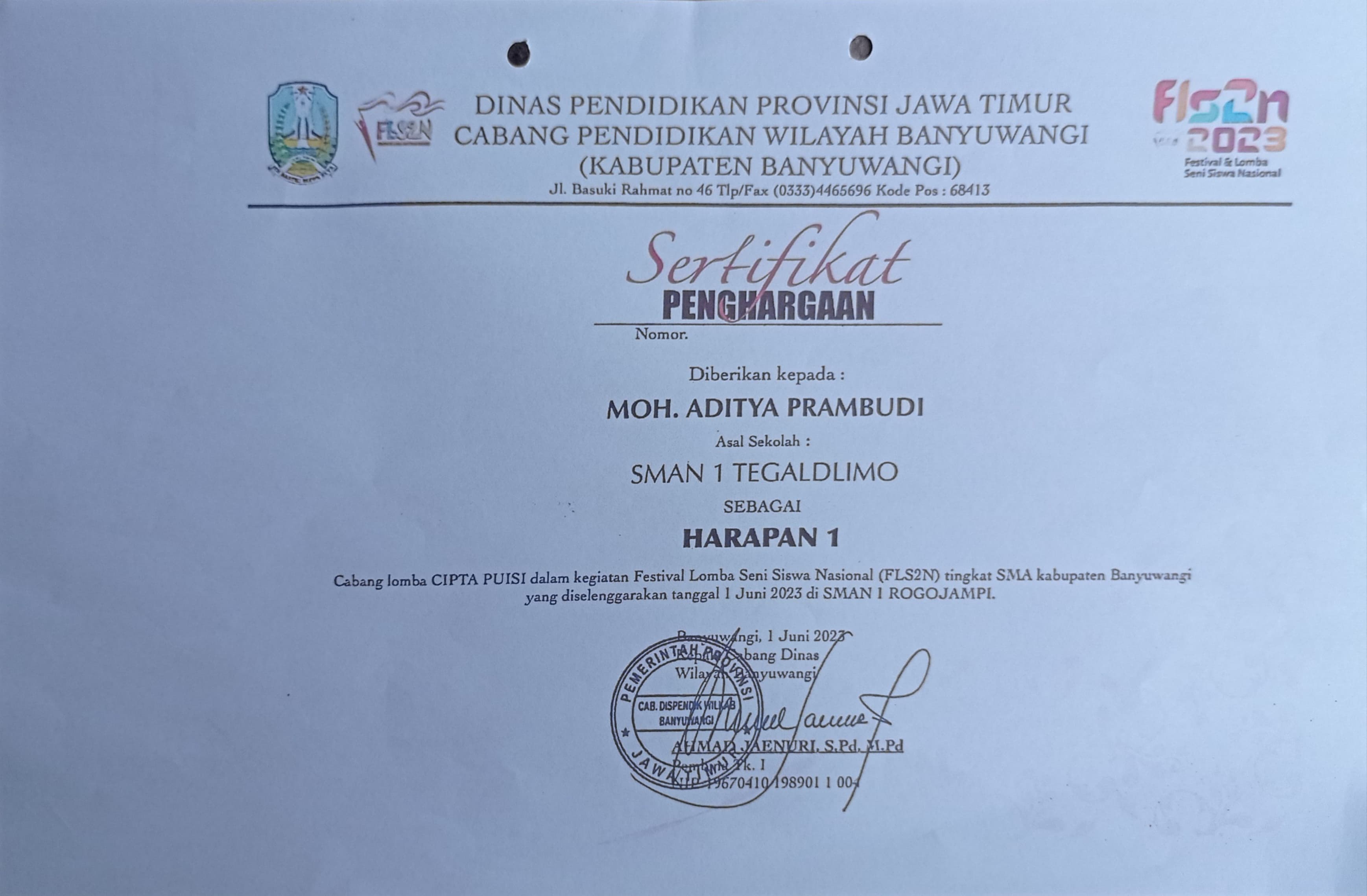 Lomba Cipta Puisi dalam Kegiatan FLS2N tingkat SMA Kabupaten Banyuwangi