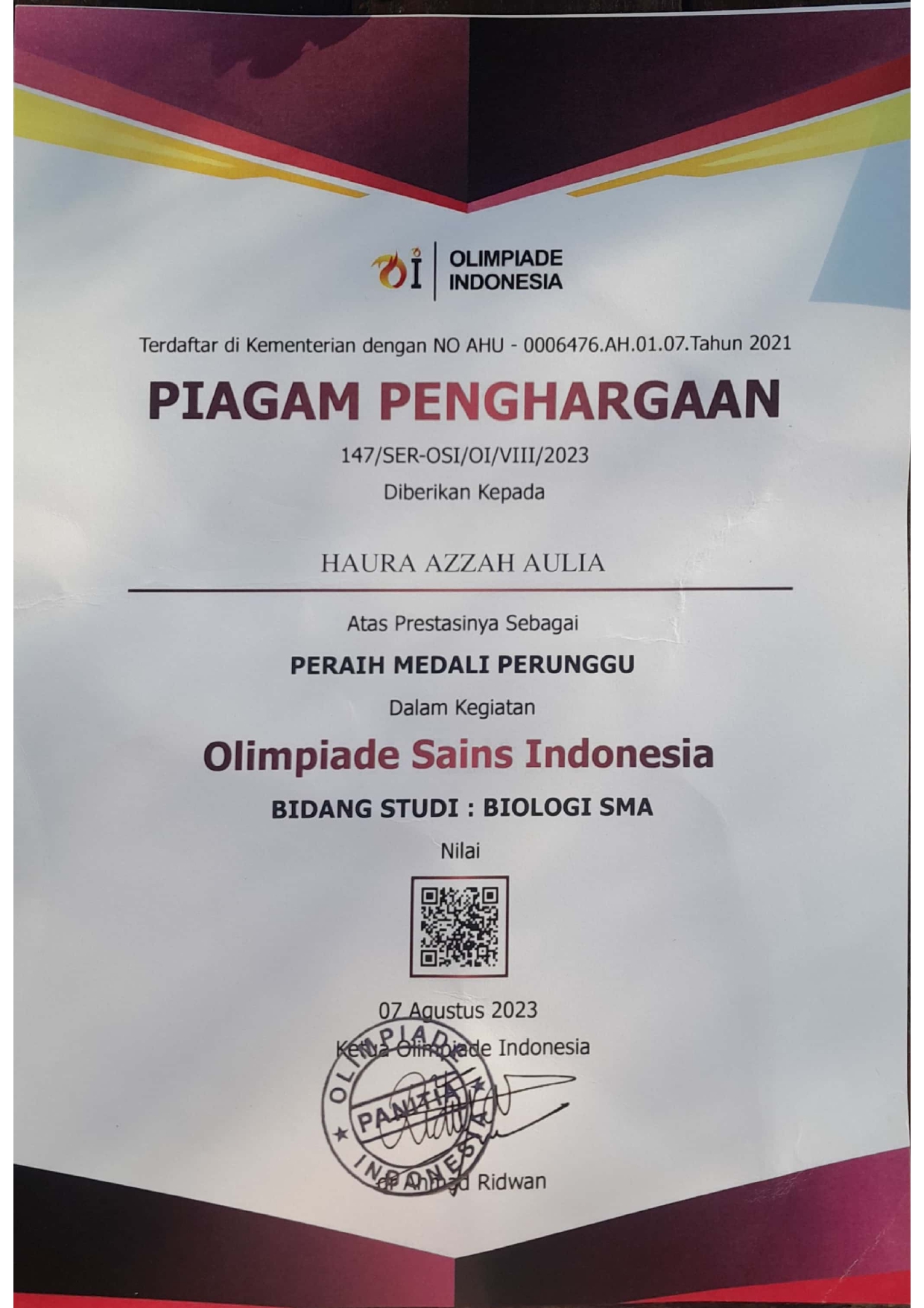 Peraih Medali Perunggu Olimpiade Sains Indonesia Bidang Studi Biologi SMA