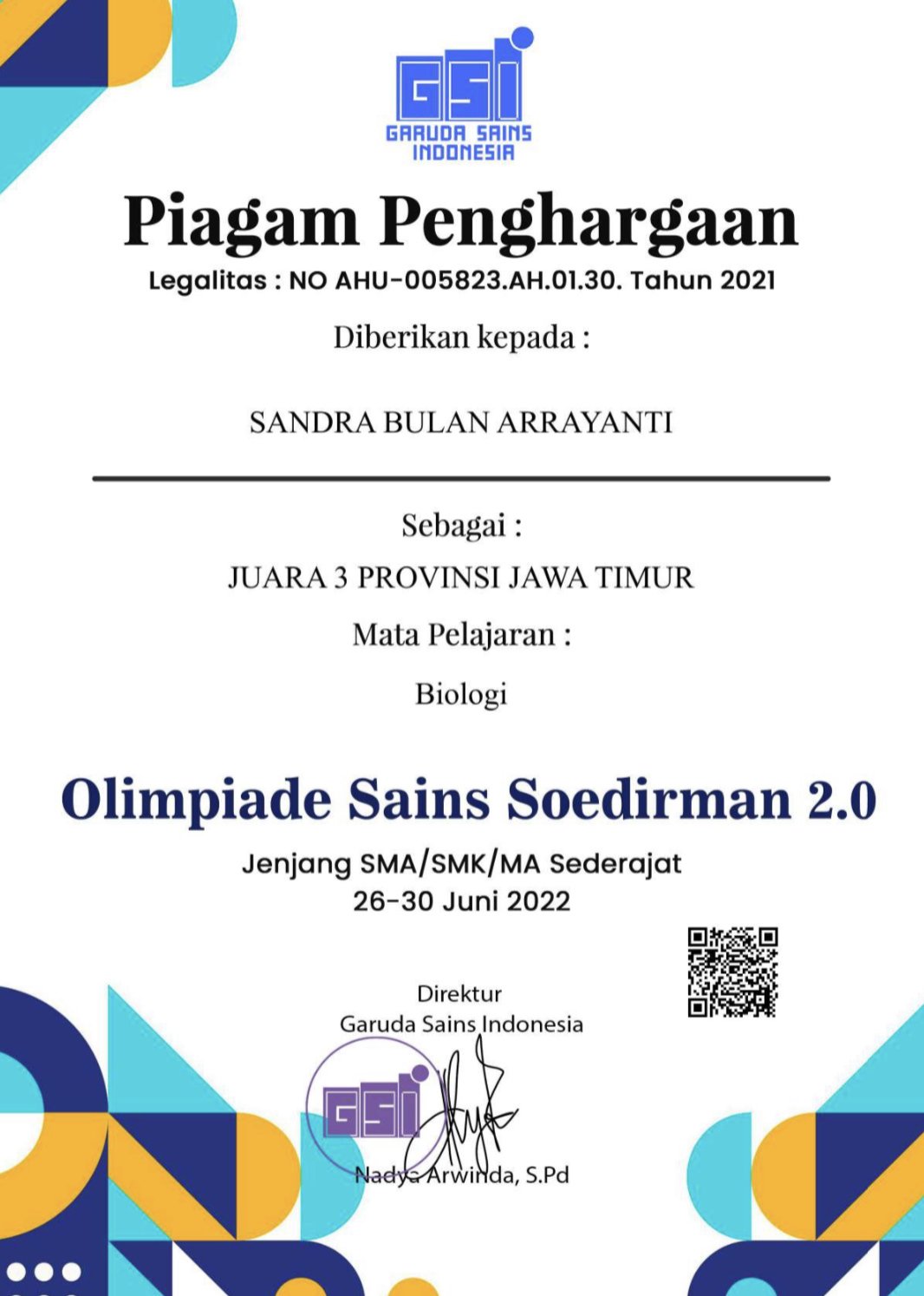 JUARA 3 PROVINSI JAWA TIMUR BIDANG BIOLOGI TINGKAT NASIONAL JENJANG SMA/MA/SMK SEDERAJAT OLIMPIADE SAINS SOEDIRMAN