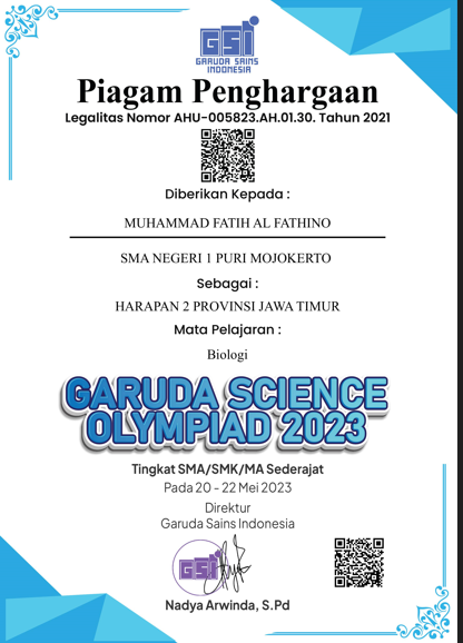 JUARA HARAPAN 2 BIDANG BIOLOGI GARUDA SCIENCE OLYMPIAD