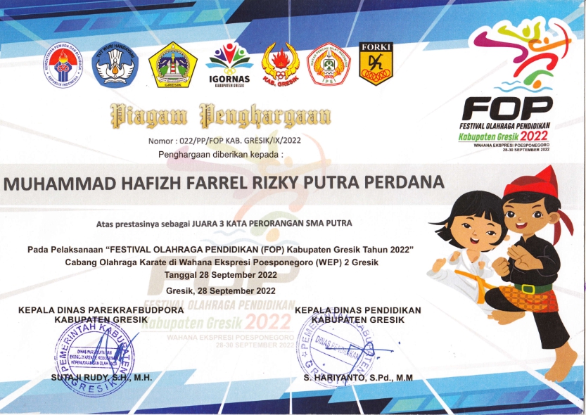 Juara 3 Karate Kata Perorangan PA Festival Olahraga Pendidikan Kabupaten Gresik
