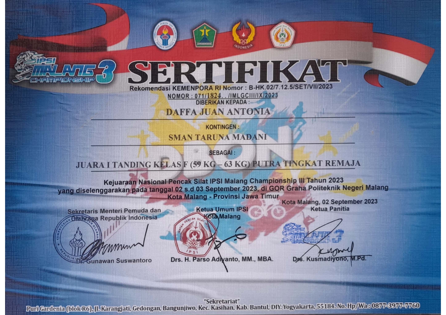 Juara I Tanding Kelas F Putra Tingkat Remaja dalam Kejuaraan Nasional Pencak Silat 