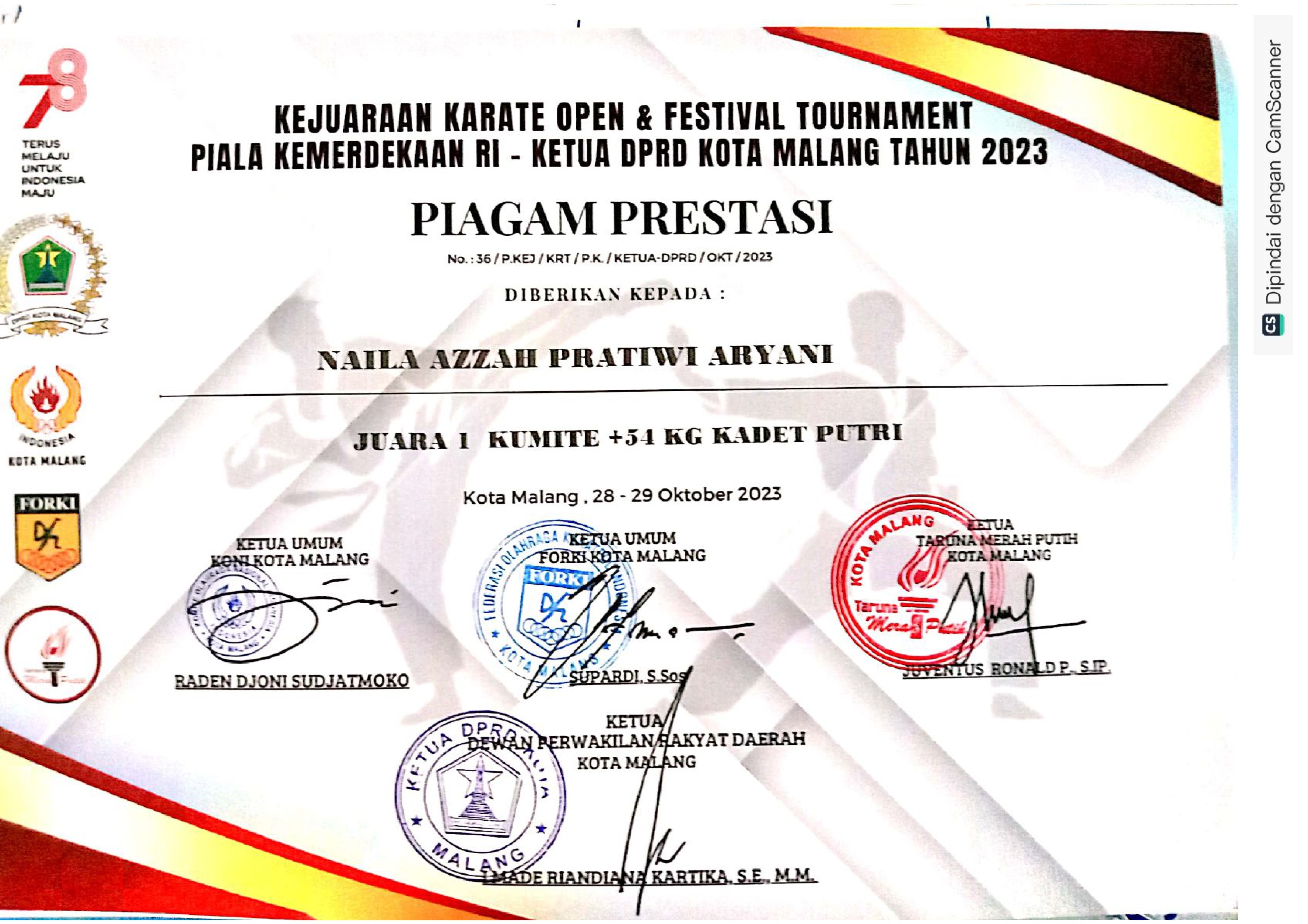 JUARA 1 KUMITE +54KGKADET PUTRI