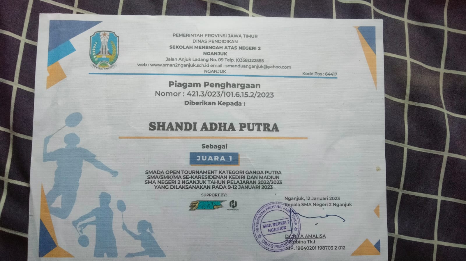 JUARA 1 SMADA OPEN TOURNAMENT KATEGORI GANDA PUTRA SMA/SMK/MA SE-KARESIDENAN KEDIRI DAN MADIUN