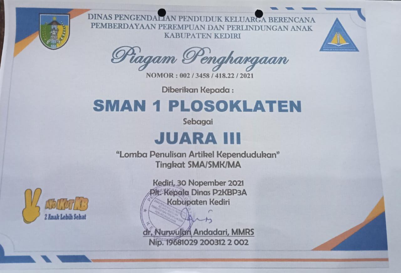 1.	JUARA 3 LOMBA PENULISAN ARTIKEL KEPENDUDUKAN TINGKAT SMA/SMK/MA