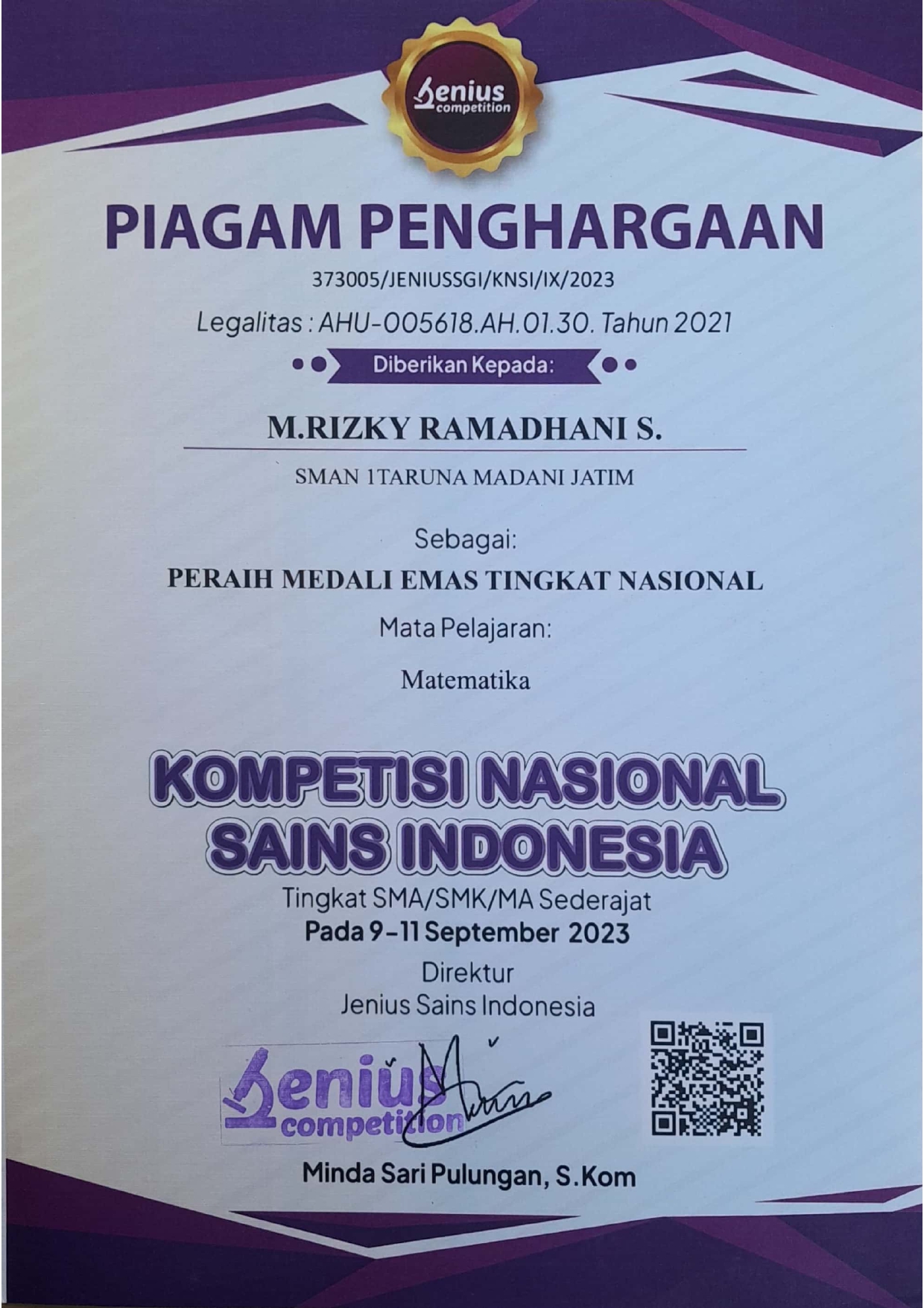 Peraih Medali Emas Tingkat Nasional Mapel Matematika dalam Kompetisi Nasional Sains Indonesia