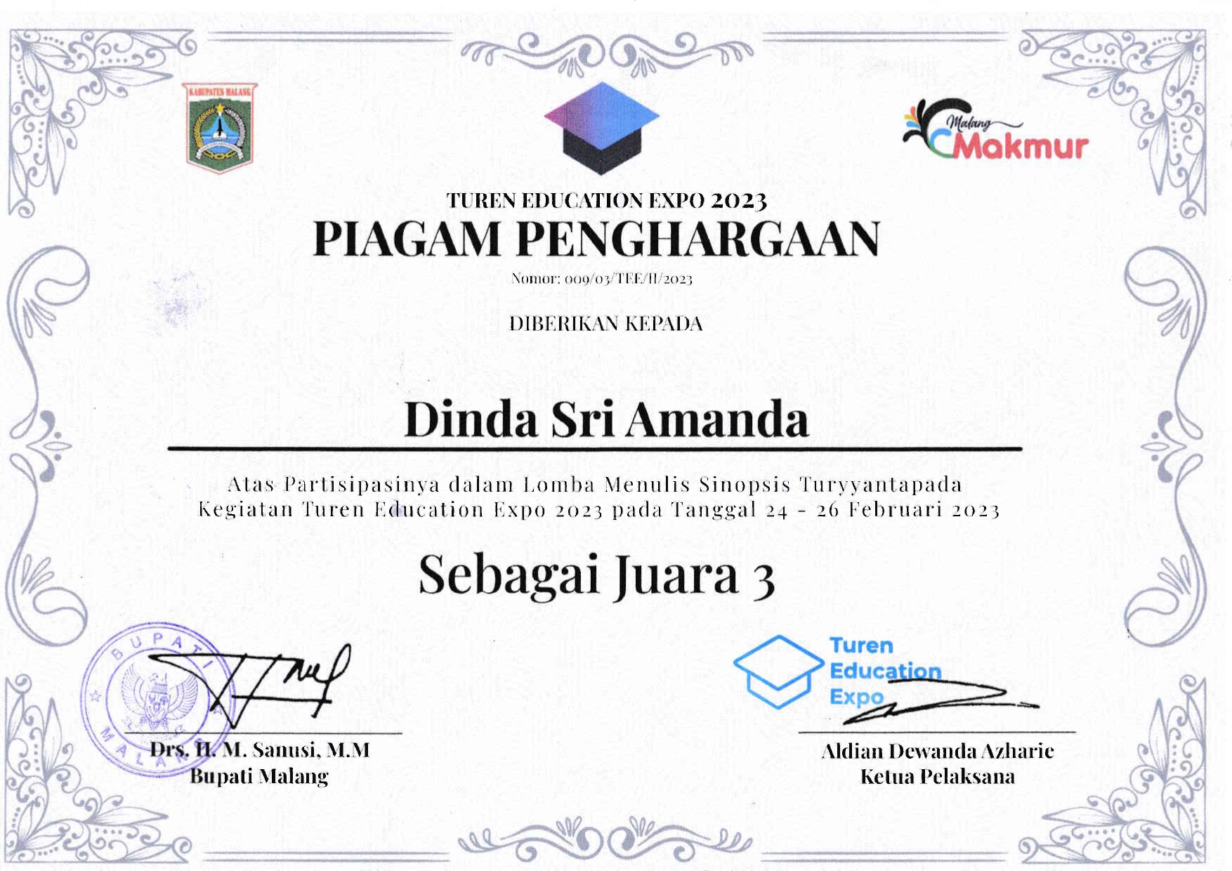 Juara 3 Lomba Menulis Sinopsis Turyyantapada Kegiatan Turen Education Expo 2023 