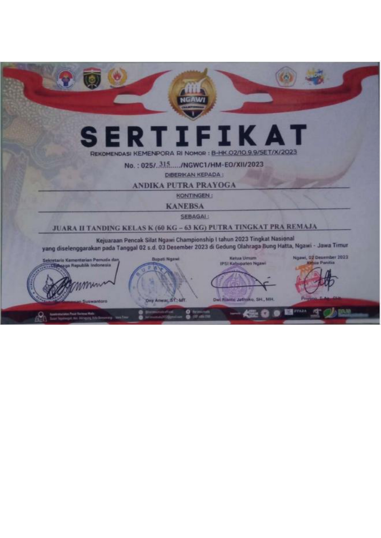 KEJUARAAN NGAWI CHAMPIONSHIP I Tk. NASIONAL - TANDING KELAS 60 KG PA