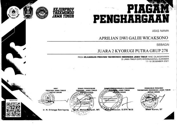 Juara 2 Kyorugi Putra Grup 278 Pada Kejuaraan Taekwondo Indonesia Jawa Timur Yang Dilaksanakan Di Jawa Timur Expo Internasional Surabaya 17-19 Desember 2021 