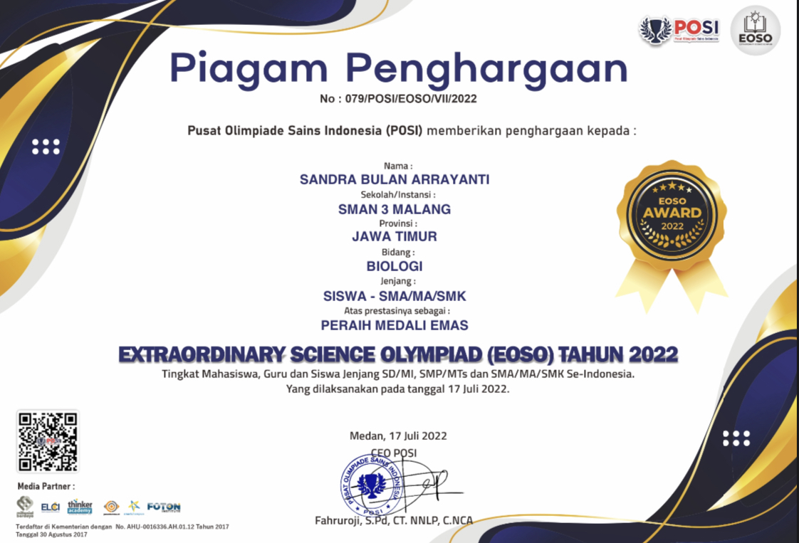 MEDALI EMAS BIDANG BIOLOGI EXTRAORDINARY SCIENCE OLYMPIAD