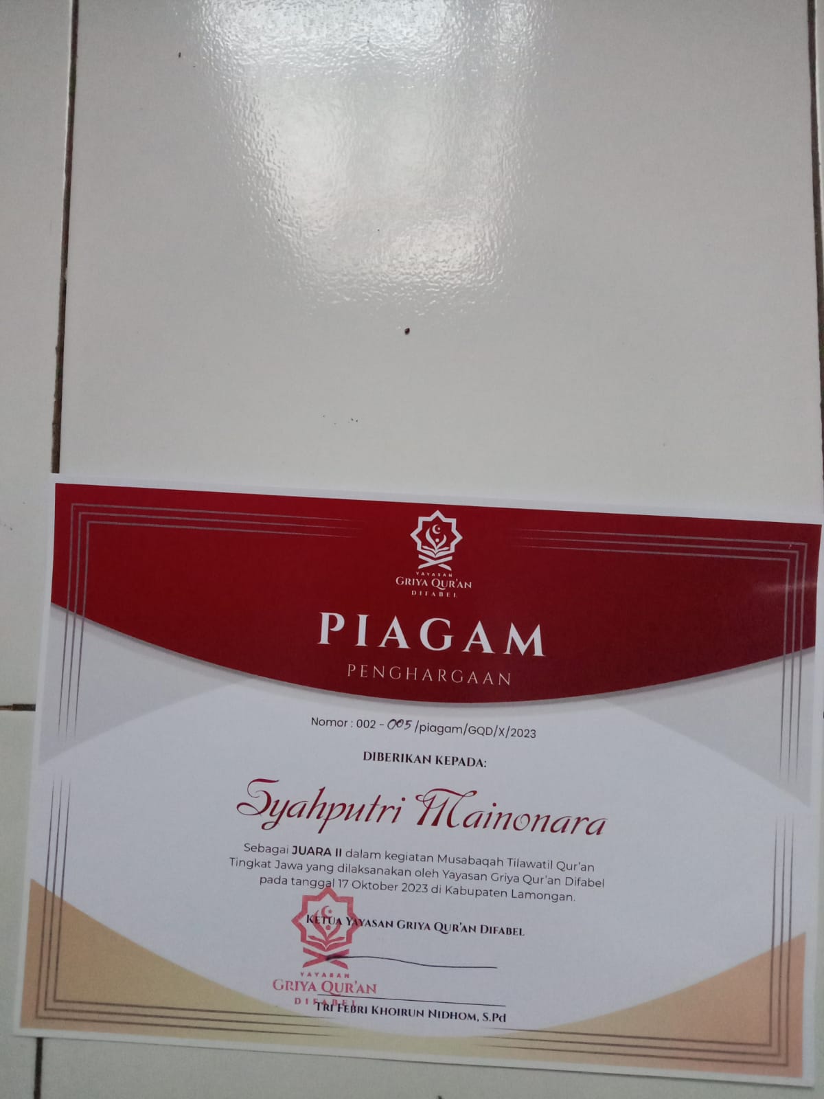Juara II Kegiatan Musabaqah Tilawatil Qur\'an Tingkat Jawa
