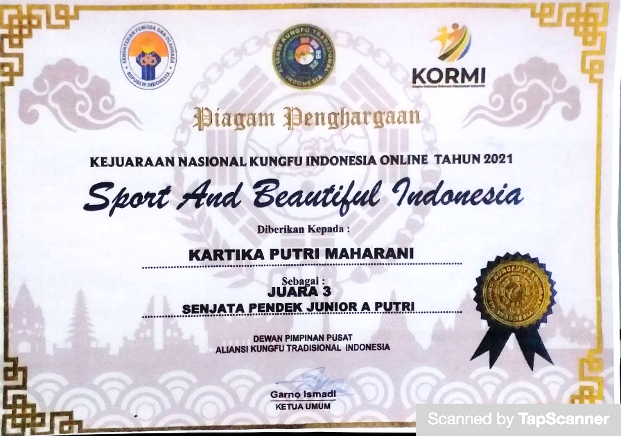 Juara 3 Senjata Pendek Junior A Putri Pada Kejuaraan Nasional Kungfu Indonesia Online Tahun 2021 