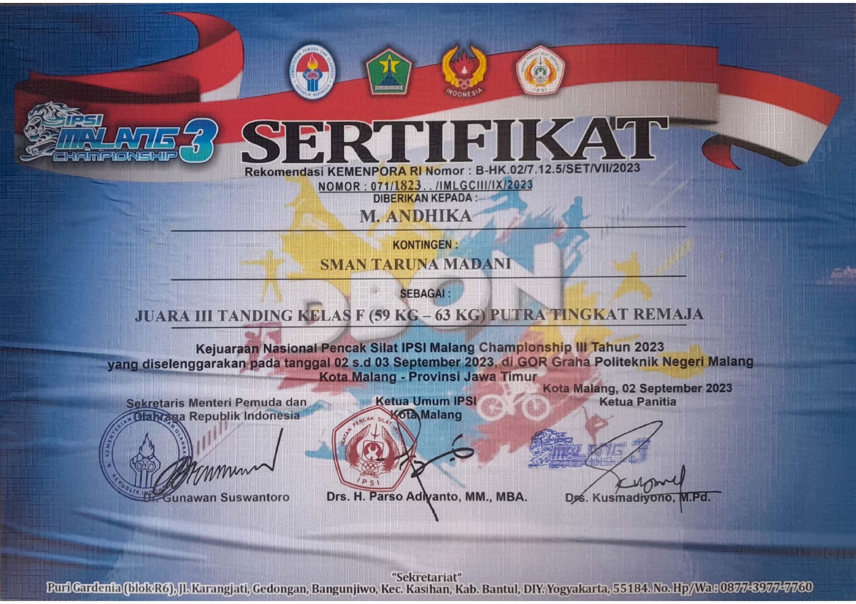 Juara III Tanding Kelas F Putra Tingkat Remaja dalam Kejuaraan Nasional Pencak Silat 