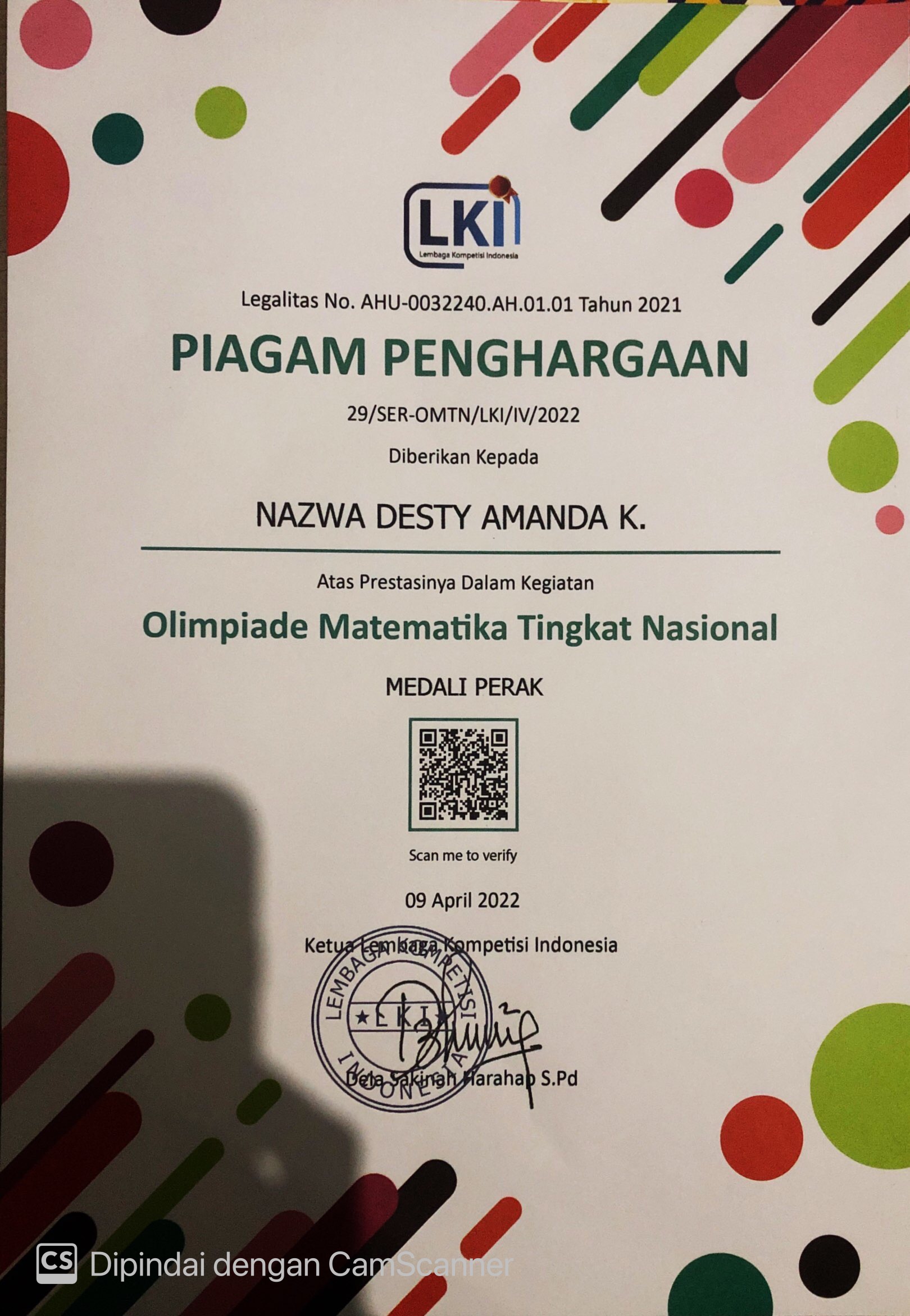 MEDALI PERAK OLIMPIADE MATEMATIKA TINGKAT NASIONAL