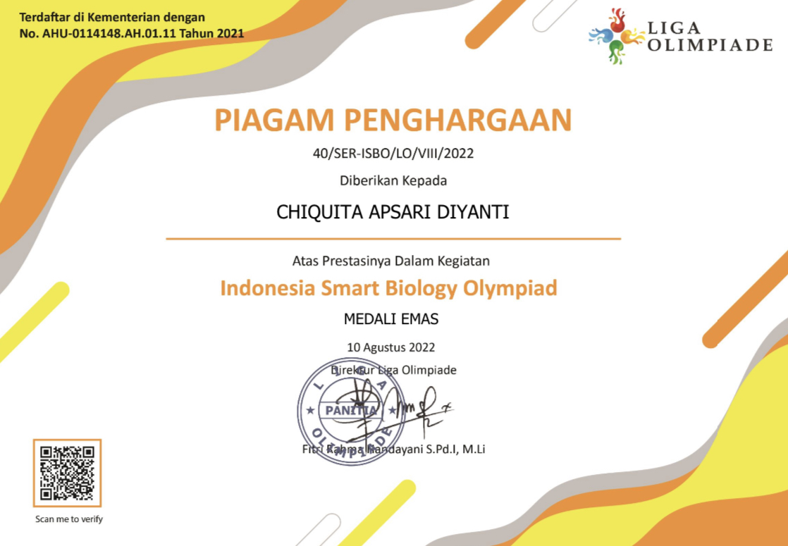 Medali Emas Indonesia Smart Biology Olimpiad