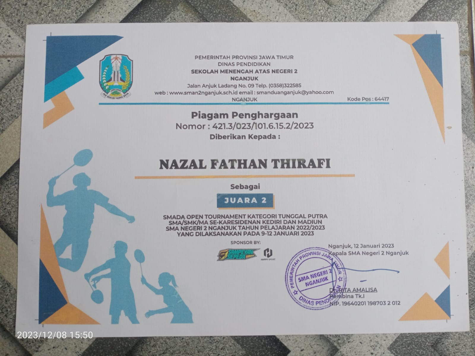 JUARA 2 SMADA OPEN TOURNAMENT KATEGORI TUNGGAL PUTRA SMA/SMK/MA SE-KARESIDENAN KEDIRI DAN MADIUN