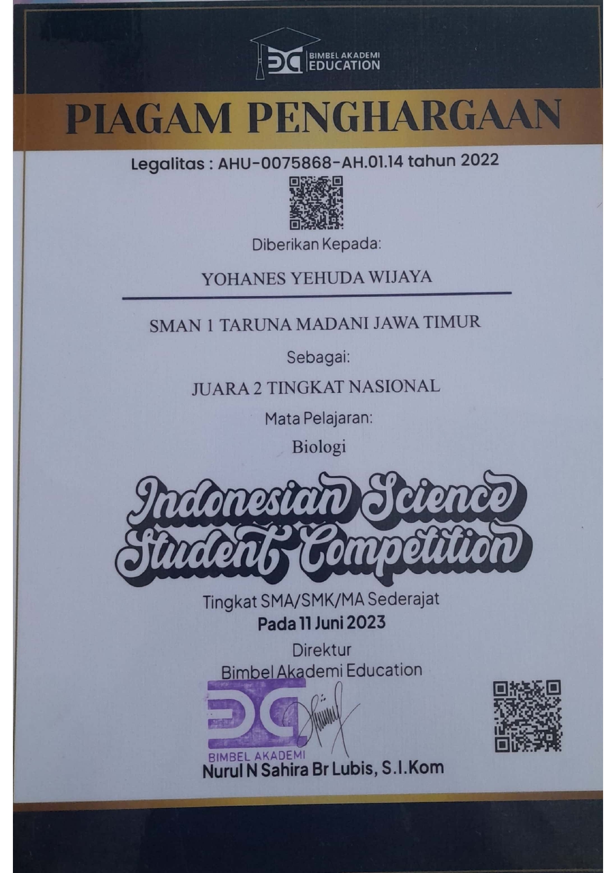 Juara 2 Tingkat Nasional Indonesian Science Student Competition Mapel Biologi Tingkat SMA/SMK/MA Sederajat