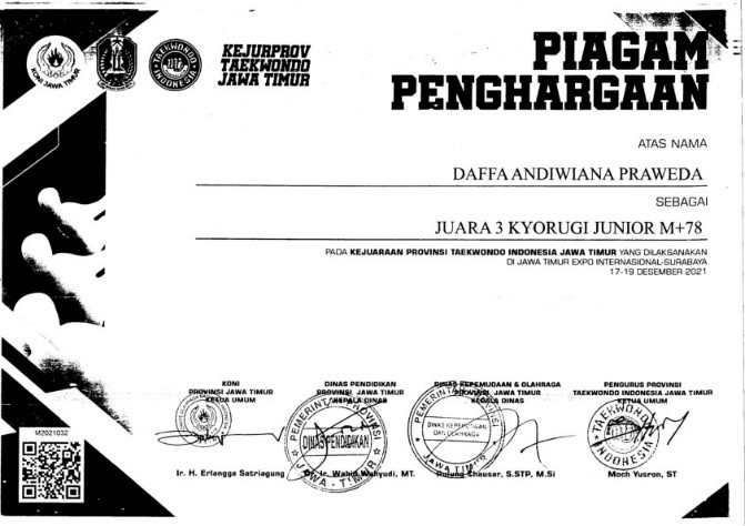 Juara 3 Kyorugi Junior M-78 Pada Kejuaraan Provinsi Taekwondo Indfonesia Jawa Timur Yang Dilaksanakan Di Jawa Timur Expo Internasional Surabaya 17-19 Desember 2021 