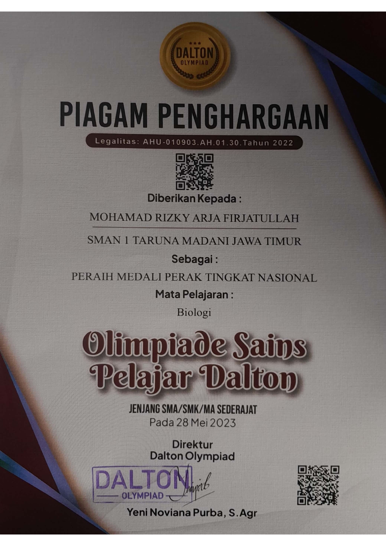 Peraih Medali Perak Tingkat Nasional Mapel Biologi dalam Olimpiade Sains Pelajar Dalton