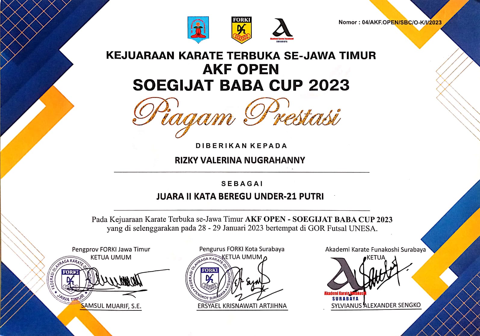 Juara 2 Kata Beregu Under 21 Putri AKF Open Soegijat Baba Cup 2023