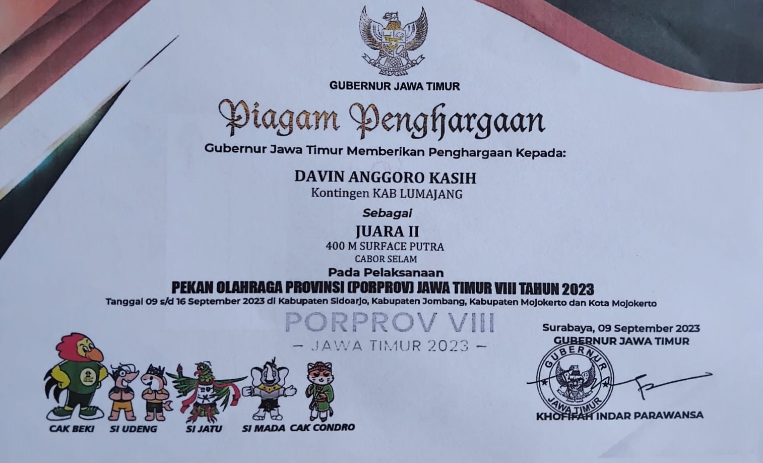 Pekan Olahraga Provinsi (PORPROV) Jawa Timur VIII Cabor Selam 400 m Surface Putra