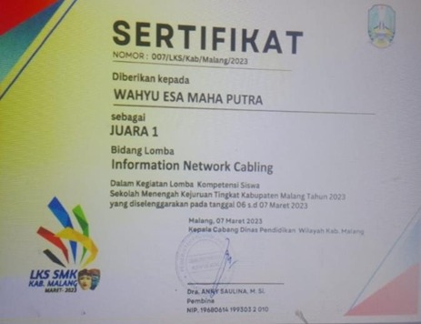 Juara 1 LKS Tingkat Kab. Malang, Kategori Information Network Cabling Tahun 2023