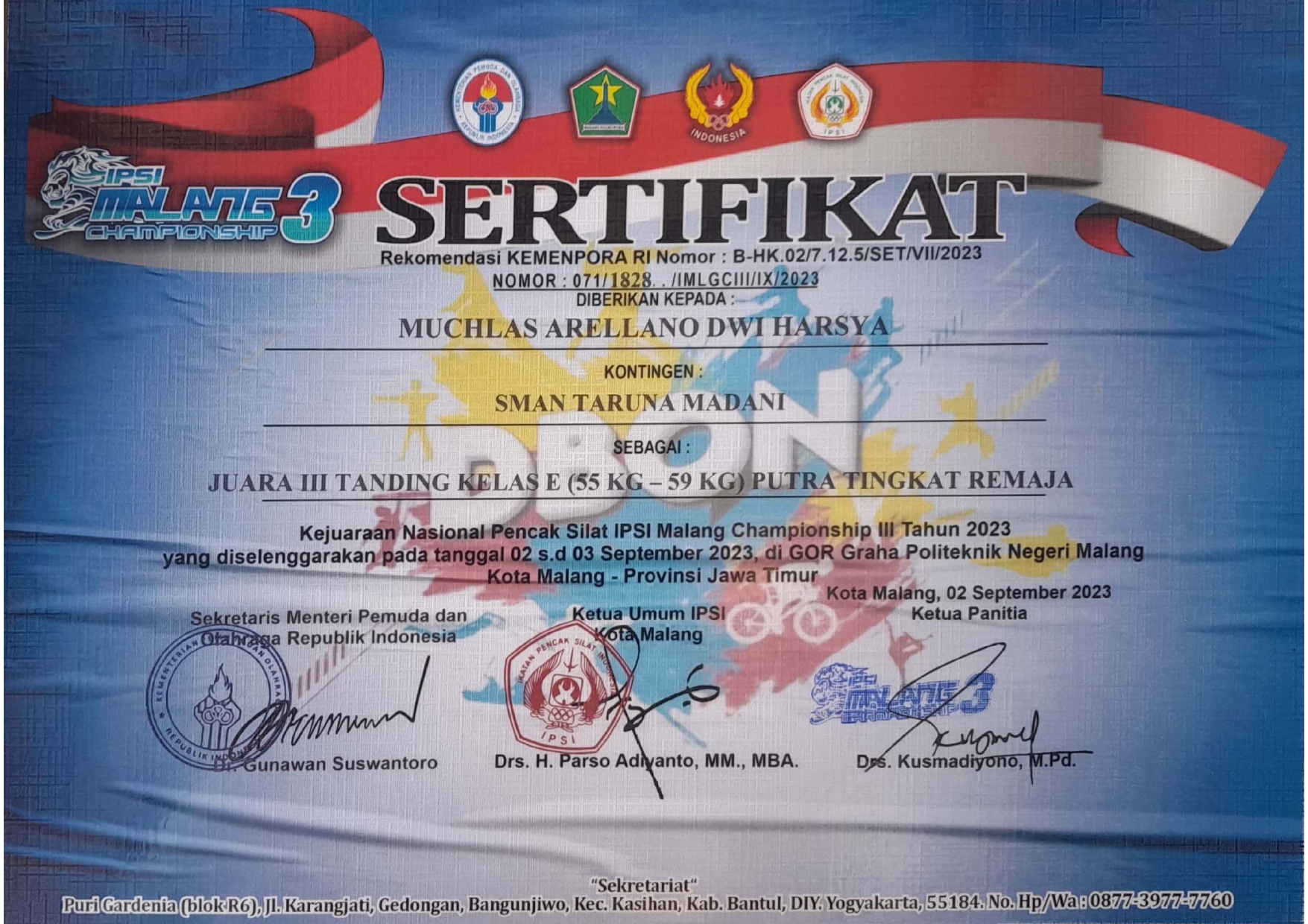 Juara III Tanding Kelas E Putra Tingkat Remaja dalam Kejuaraan Nasional Pencak Silat 