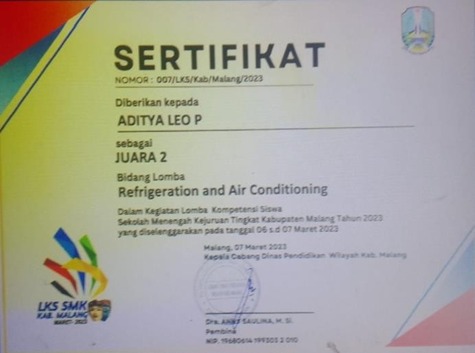 Juara 2 LKS Tingkat Kab. Malang, Kategori Refrigerition and Air Conditioning Tahun 2023