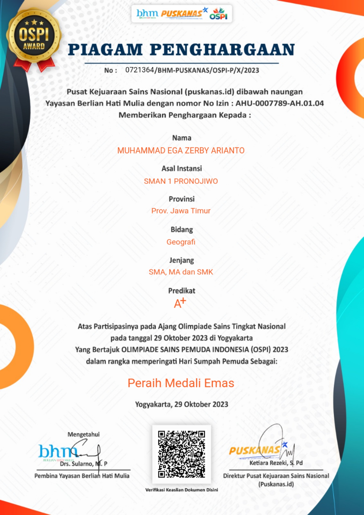 PRESTASI AKADEMIK TINGKAT NASIONAL SISWA