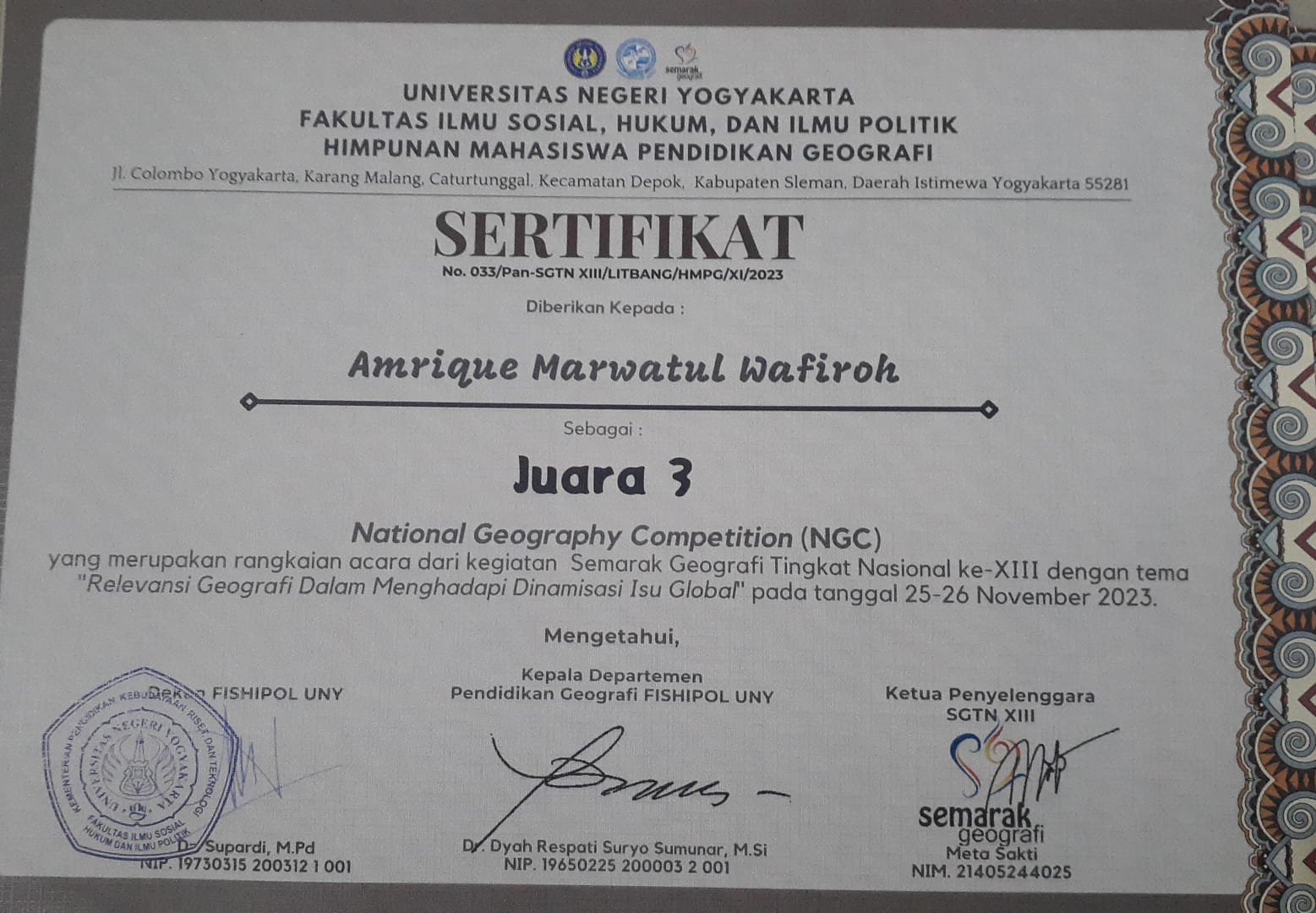 JUARA 3 NATIONAL GEOGRAPHY COMPETITION (NGC) UNY 2023