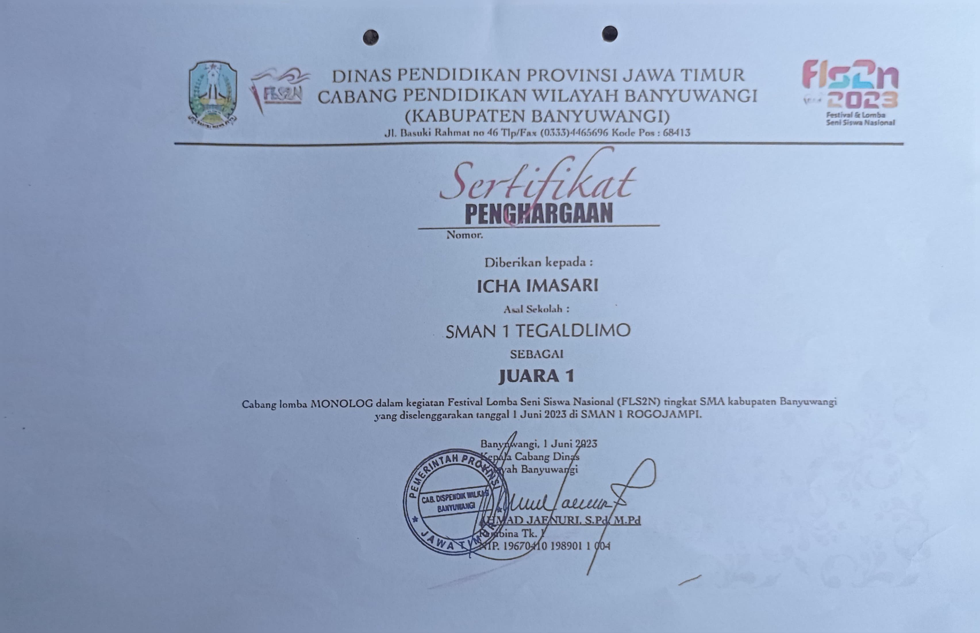 Lomba Monolog dalam Kegiatan FLS2N tingkat SMA Kabupaten Banyuwangi