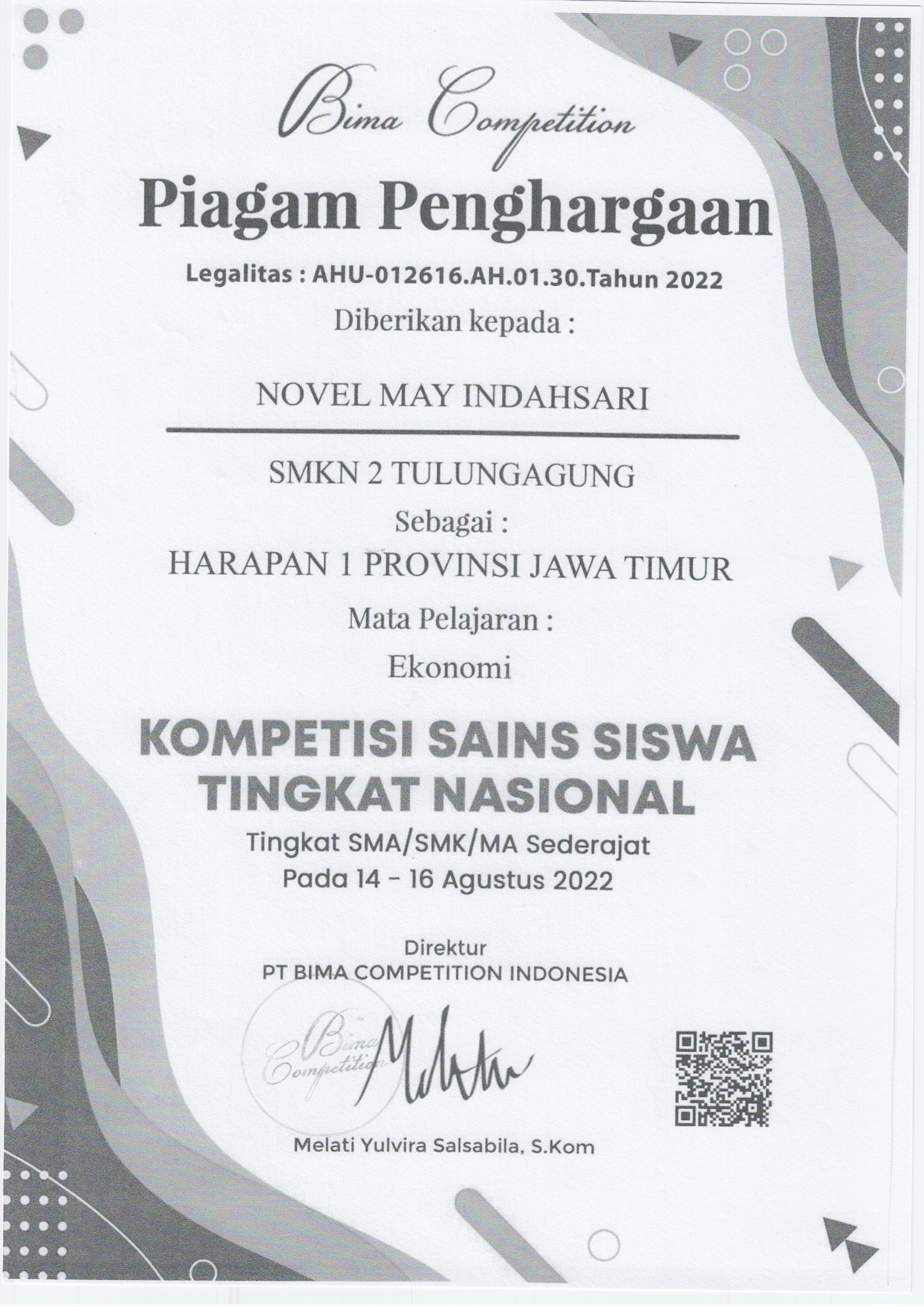 JUARA HARAPAN 1 PROVINSI JAWA TIMUR MATA PELAJARAN EKONOMI KOMPETENSI SAINS SISWA TINGKAT NASIONAL