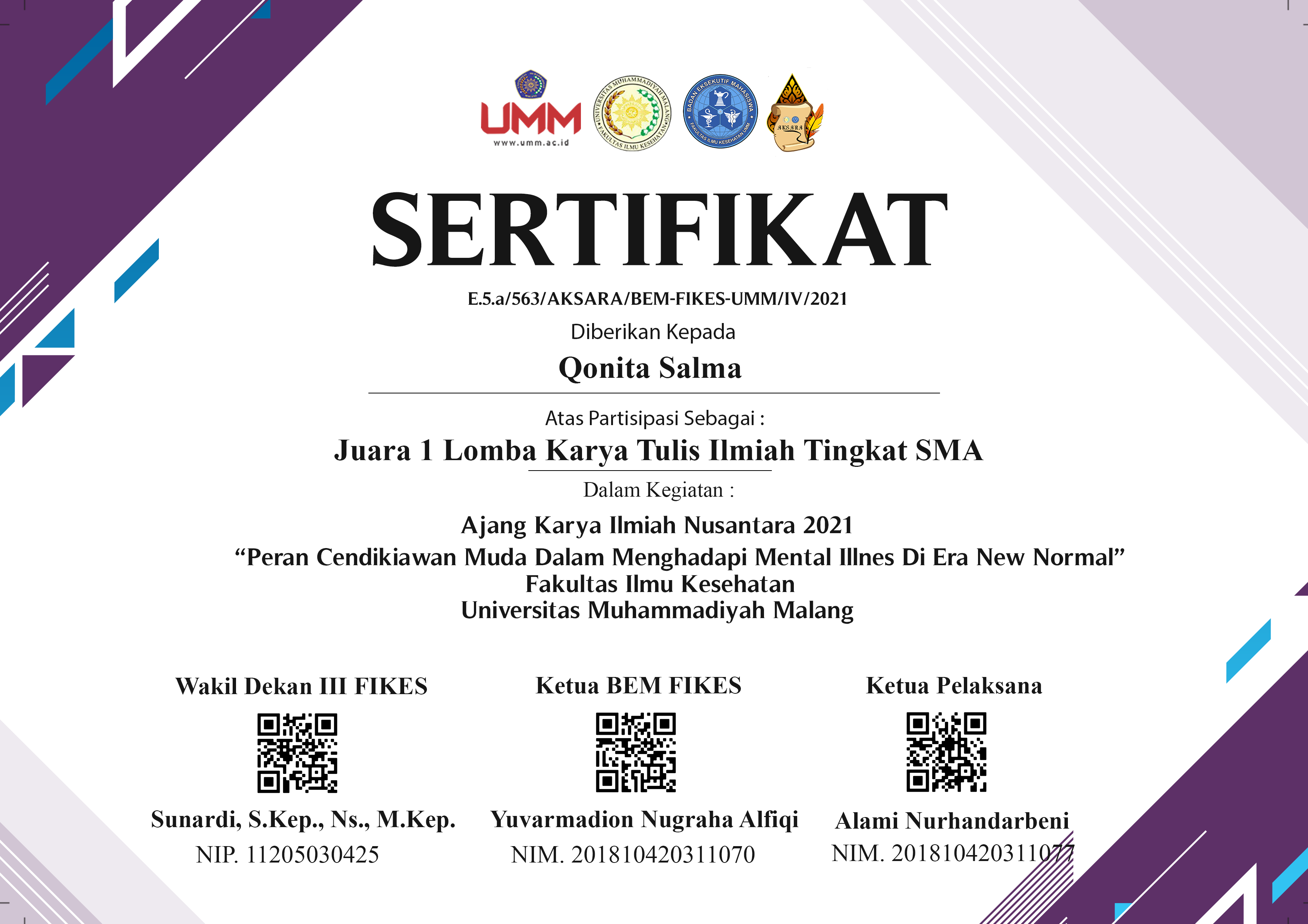 JUARA 1 LOMBA KARYA TULIS ILMIAH AJANG KARYA ILMIAH NUSANTARA