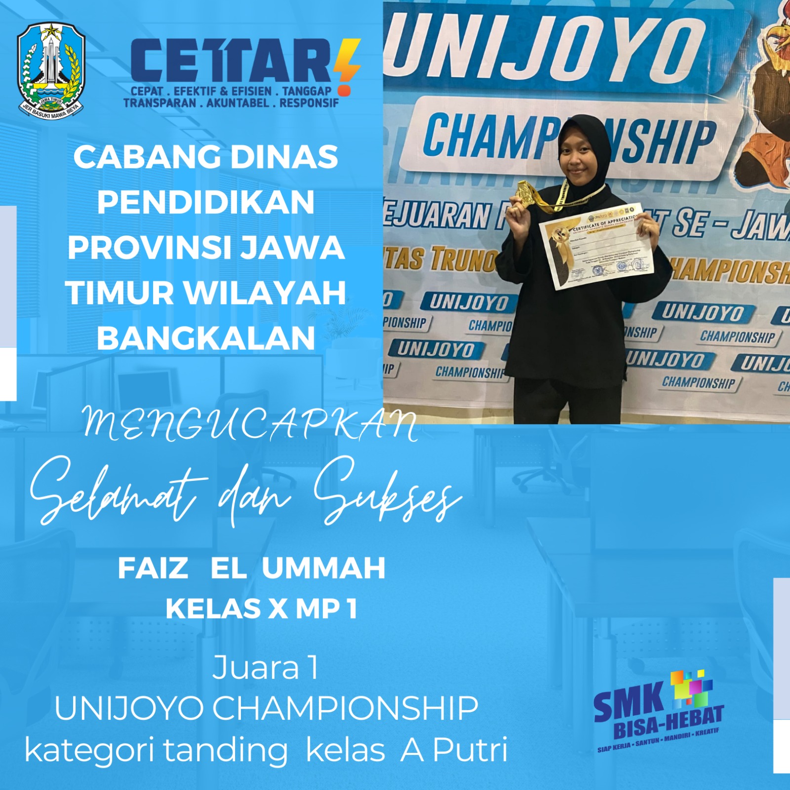 JUARA 1 UNIJOYO CHAMPIONSHIP CABOR SILAT KATEGORI TANDING KELAS A PUTRI