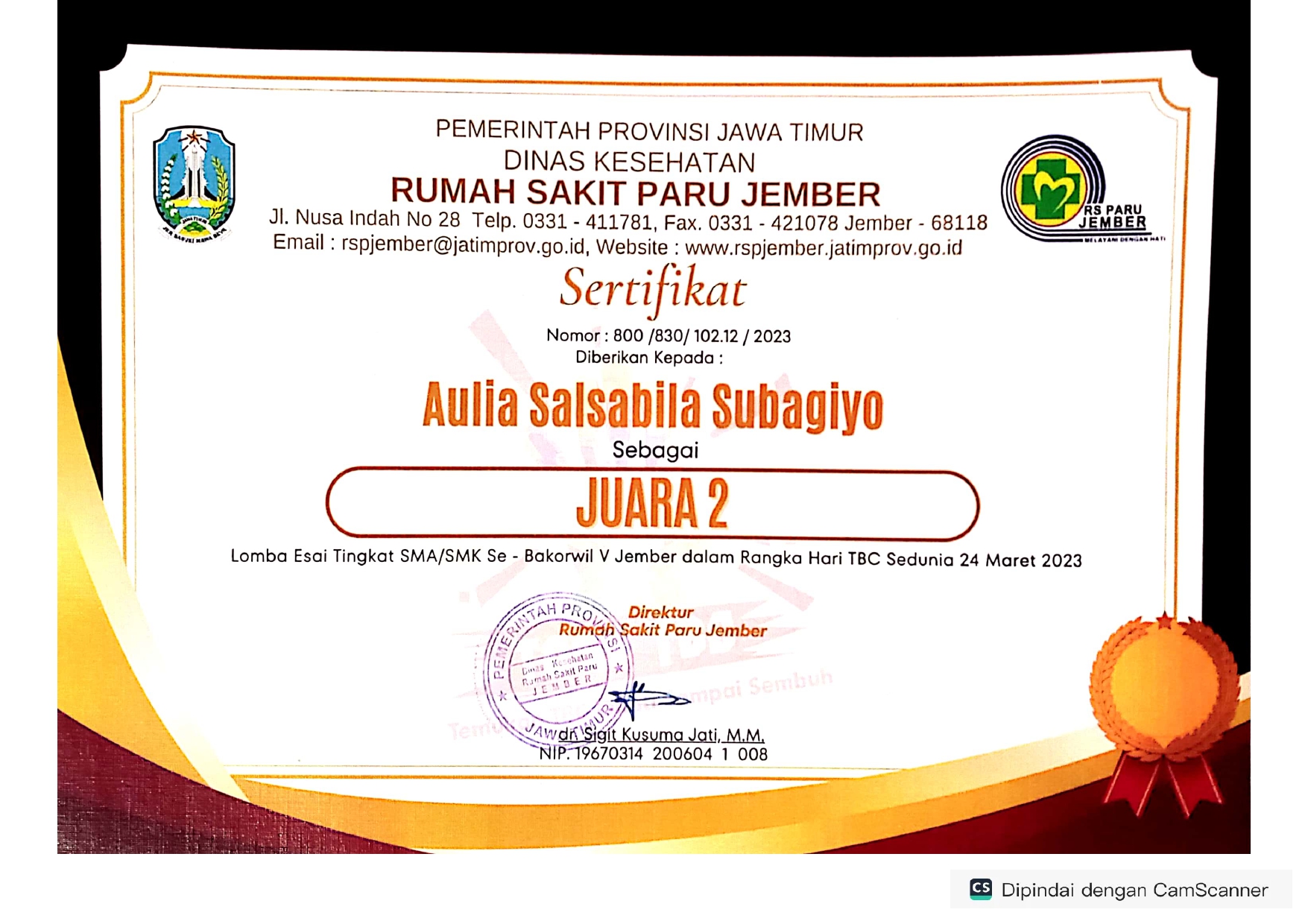 Lomba Esai Tingkat SMA/SMK Se-Bakorwil V Jember dalam Rangka Hari TBC Sedunia 