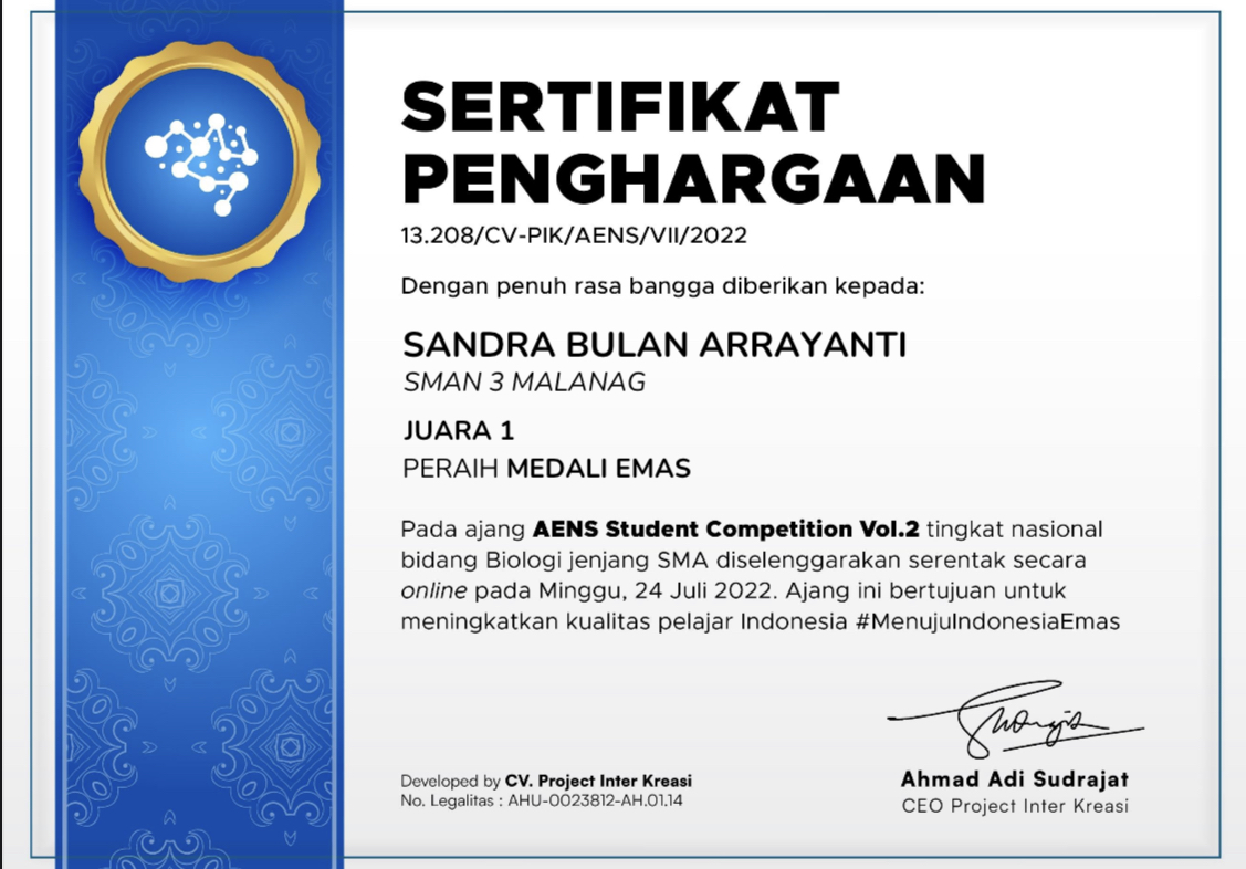 JUARA 1 PERAIH MEDALI EMAS BIOLOGI ARNS STUDENT COMPETITION VOL.2