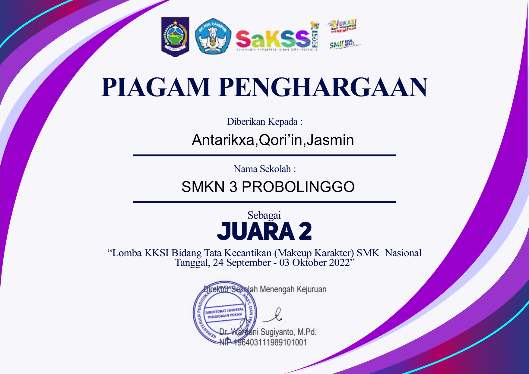 Juara 2 Nasional Lomba KKSI Bidang Tata Kecantikan (Make Up Karakter) 2021