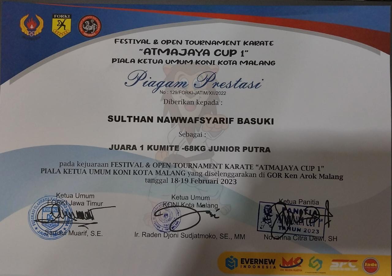 JUARA 1 KARATE KUMITE -68KG JUNIOR PUTRA FESTIVAL & OPEN TOUNAMENT KARATE \