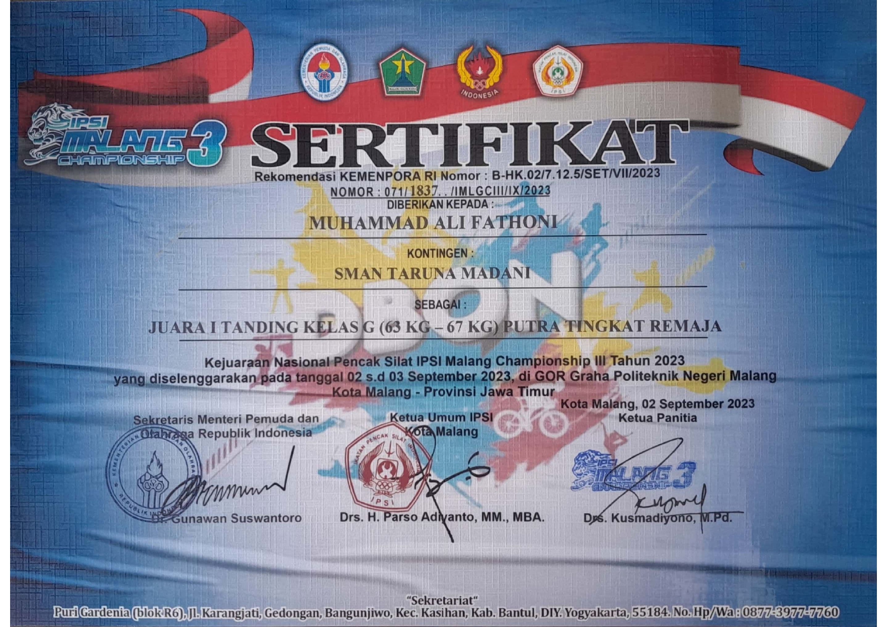 Juara I Tanding Kelas G Putra Tingkat Remaja dalam Kejuaraan Nasional Pencak Silat 