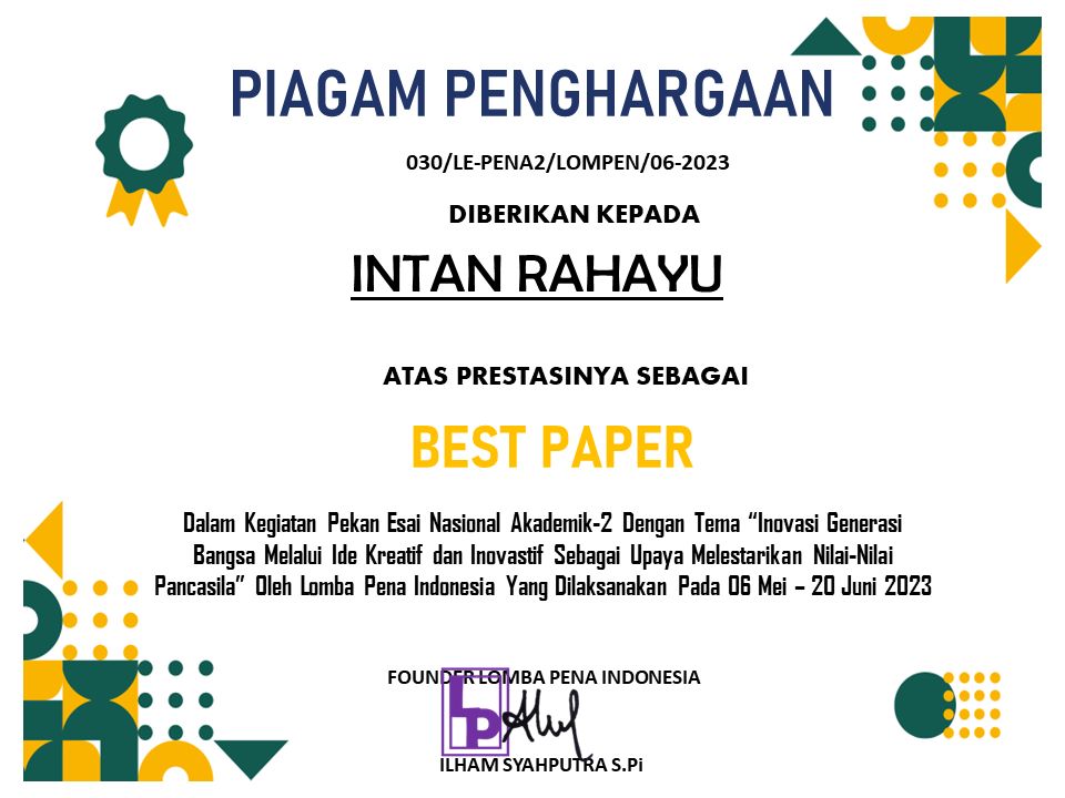 Best Paper Lomba Kepenulisan Essay di Event Pekan Esai Nasional Akademik-2