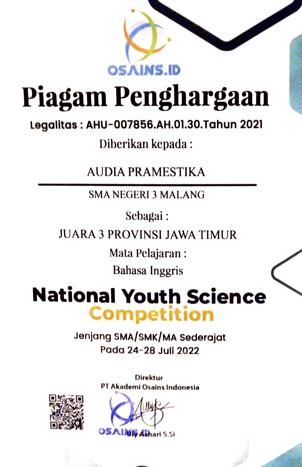 Juara 3 Provinsi Jawa Timur National Youth Science Competition