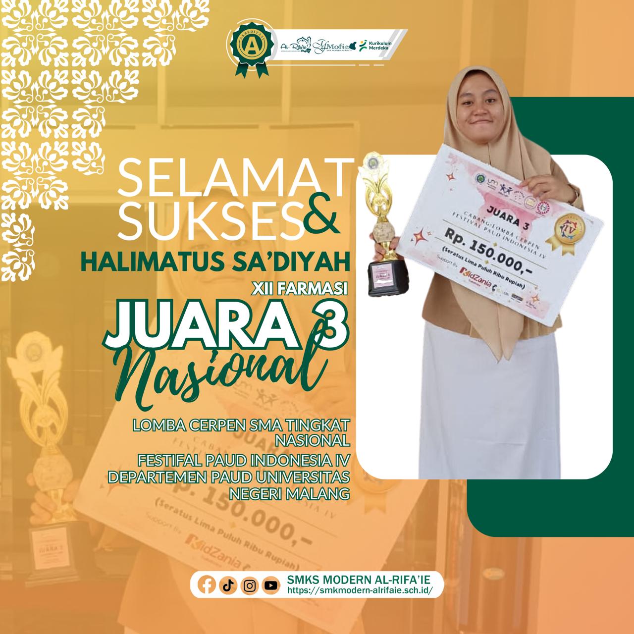 Juara 3 Lomba Cerpen SMA Sederajat tingkat Nasional Festival PAUD Indonesia IV Prodi PAUD Universitas Negeri Malang