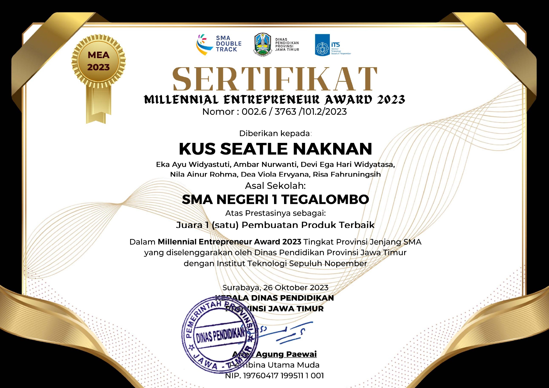 Juara 1 Pembuatan Produk Terbaik Millennial Entrepreneur Award 2023 