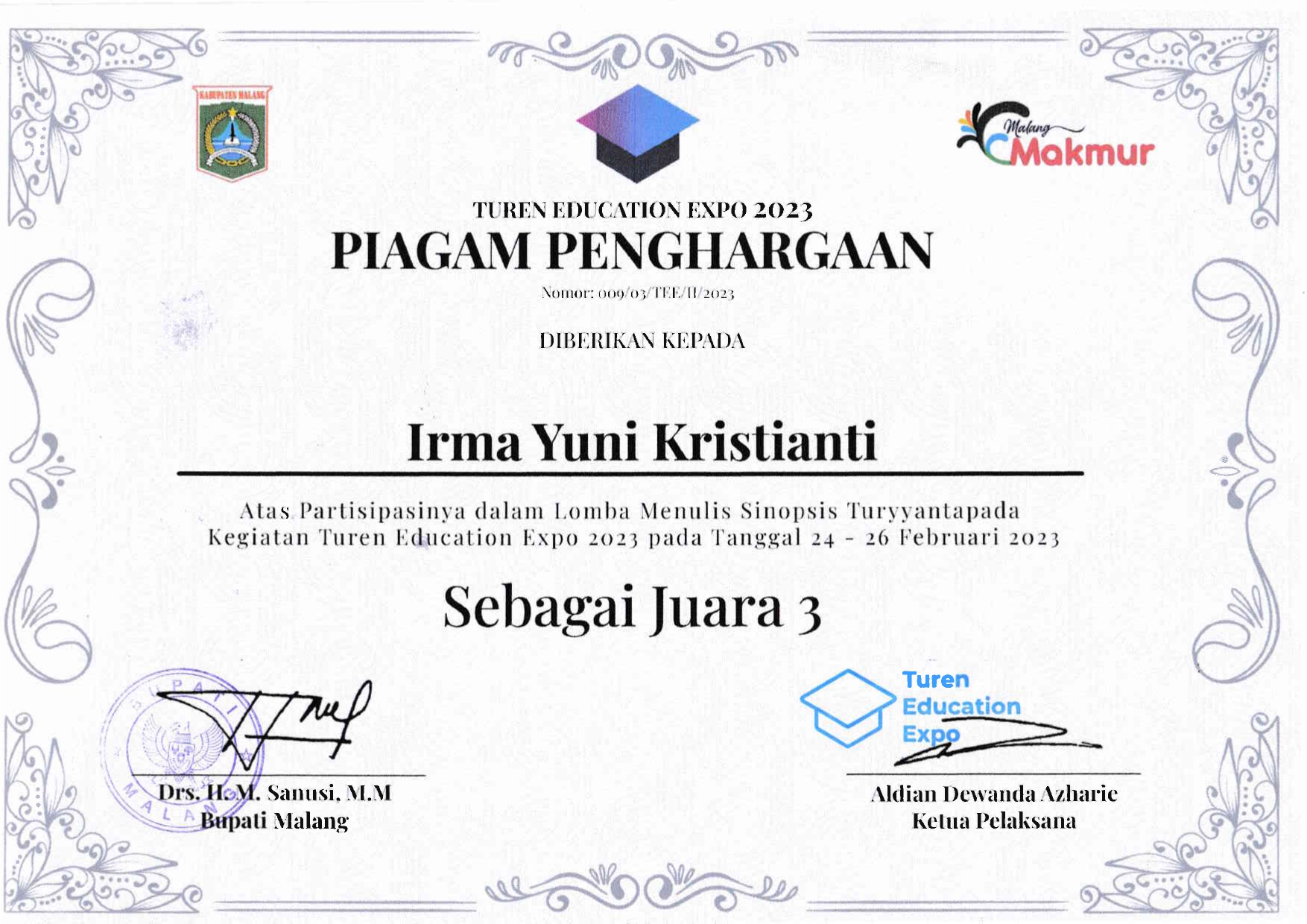 Juara 3 Lomba Menulis Sinopsis Turyyantapada Kegiatan Turen Education Expo 2023 