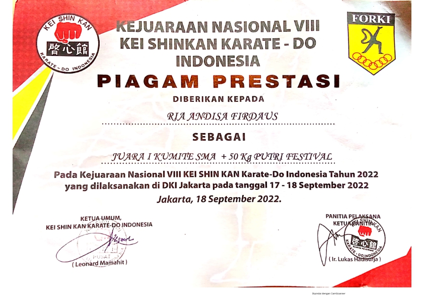 Juara 1 Kumite +50 Kg SMA PI - Kejuaraan Nasional VIII KEI SHIN KAN Karate Do