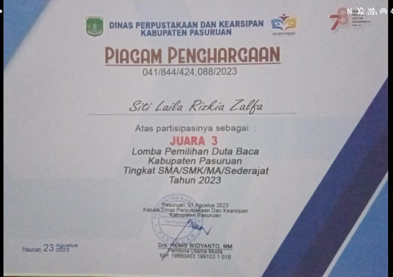 Juara 3 Lomba Pemilihan Duta Baca Kabupaten Pasuruan